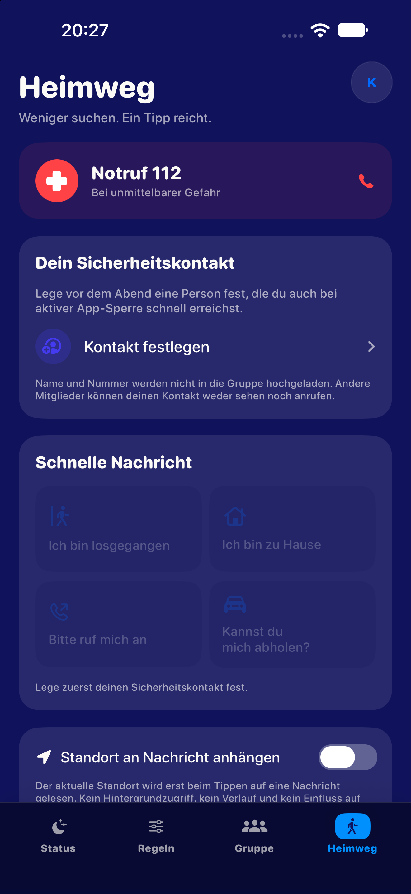 Heimwegansicht mit Notruf und lokalem Sicherheitskontakt