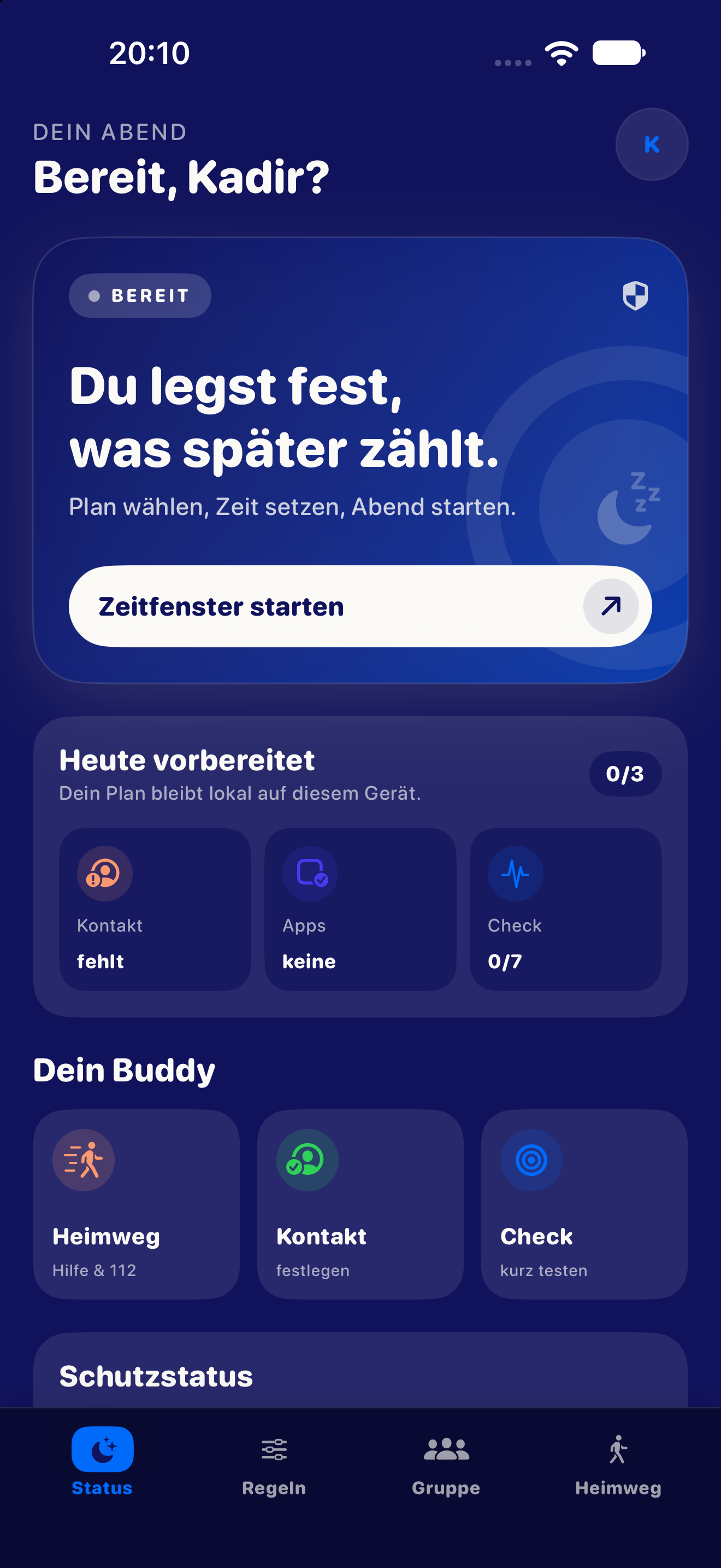 Statusansicht der iOS-App mit Zeitfenster, Vorbereitung und vier Bereichen